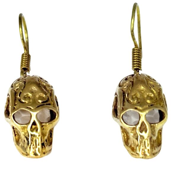 Vintage Gold-Tone Skull Dangle Earrings 1" Rock Punk Skully Goth Halloween - Picture 1 of 9
